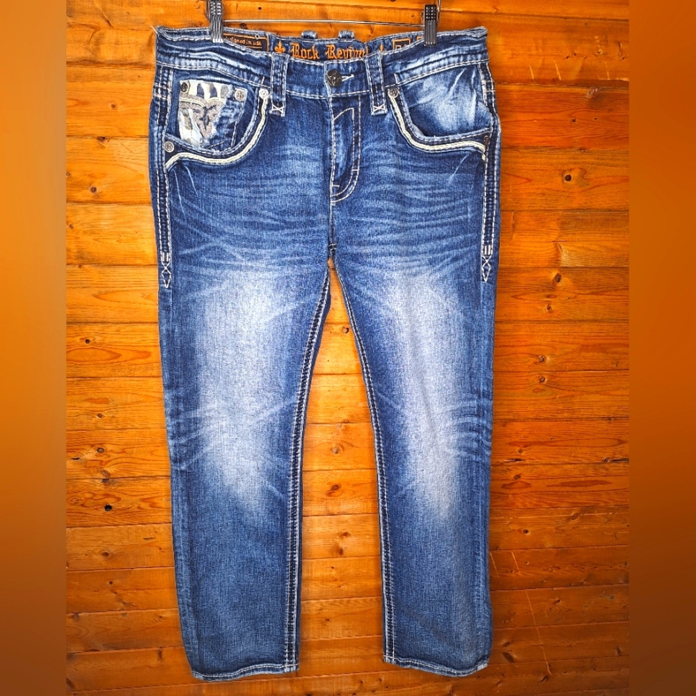 ❤️ Rock Revival Men's Blue Denim Jeans Medium Dark Straight Camo Size 34×31